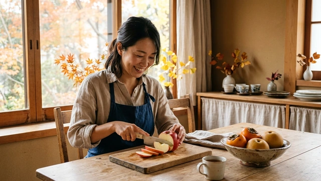 秋の果物を手に取る女性
