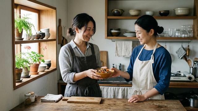 台所で豆や根菜を器に取り分ける様子