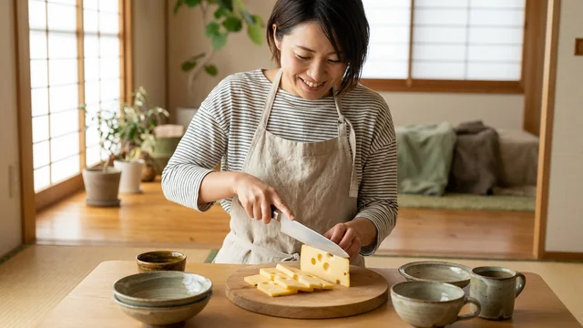 チーズを切り分ける女性