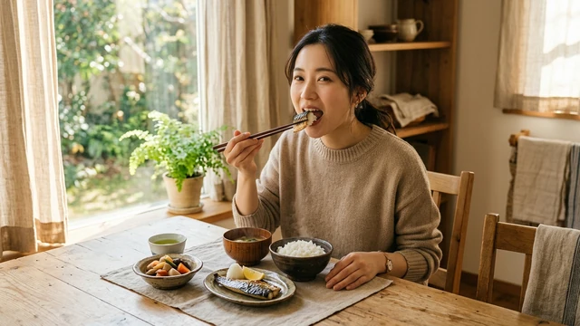 食卓で和食をとる女性