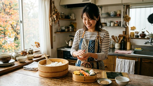 台所でおにぎりを握る女性