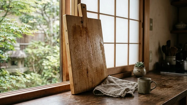 洗い上がったまな板と窓辺の光