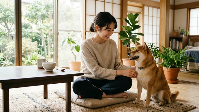 日本の居間で犬と向き合う女性