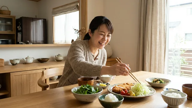 食卓で揚げものと野菜を囲む女性