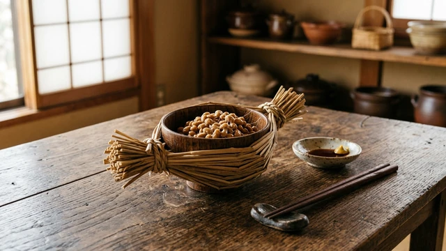 藁に包まれた納豆と木の器