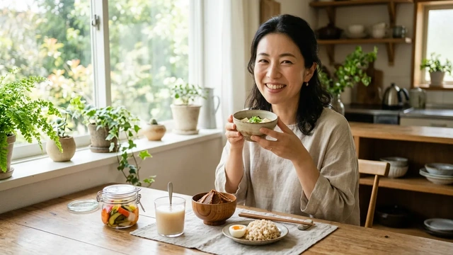 発酵食品の並ぶ食卓で味噌汁の器を手にする女性