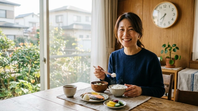 朝の食卓で朝食をとる女性