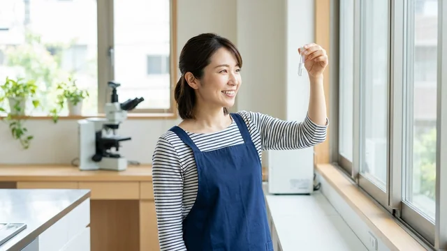 窓辺で小さな容器を見る女性