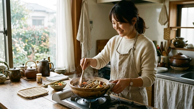 台所で豆と根菜の煮物をつくる女性
