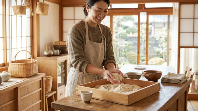 台所で麹を手に取る女性