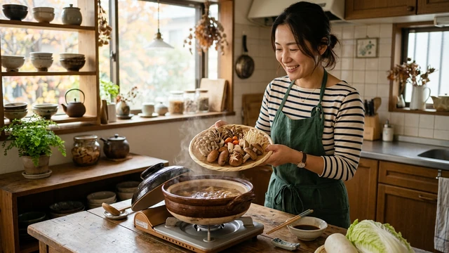秋のきのこを料理する女性