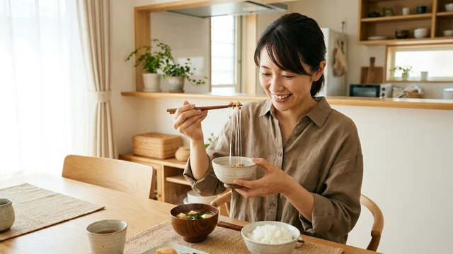 朝食で納豆を混ぜる女性