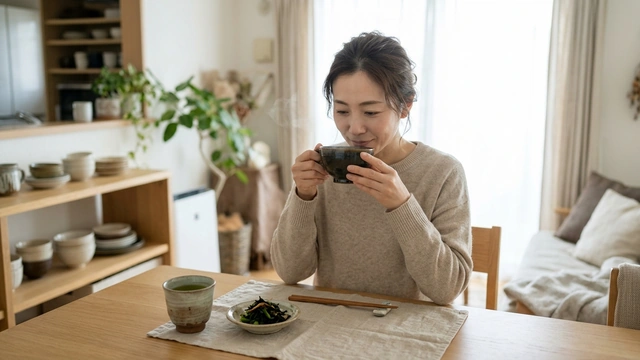 朝の食卓で温かい汁物を飲む女性