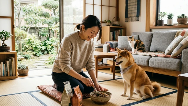 犬にごはんを用意する女性