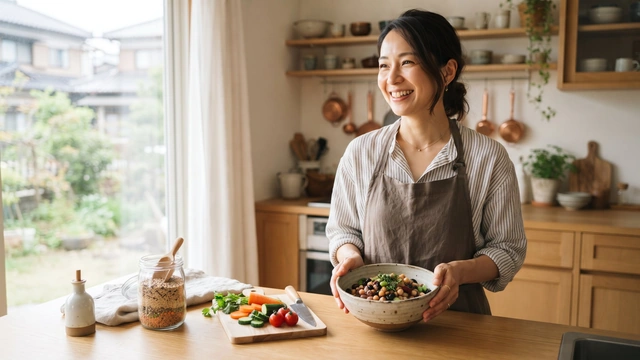 キッチンで豆と野菜を手に取る女性