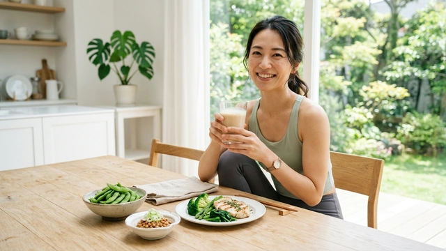 運動のあとにプロテインドリンクを手にする女性