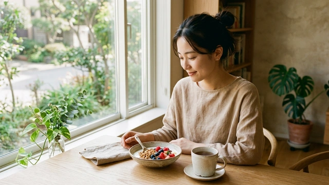 食卓で朝の食事をとる女性