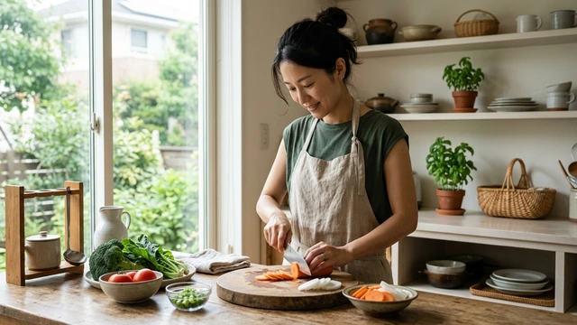台所で野菜を切る様子
