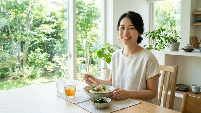 夏の食卓で薬味を添えた冷たい麺を前にする女性