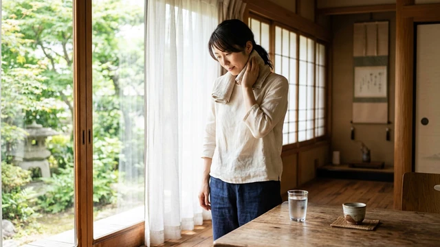 窓辺で汗をぬぐう女性