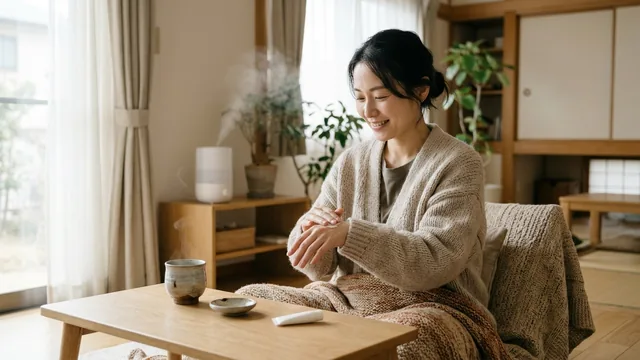 冬の室内で手にクリームを塗る女性